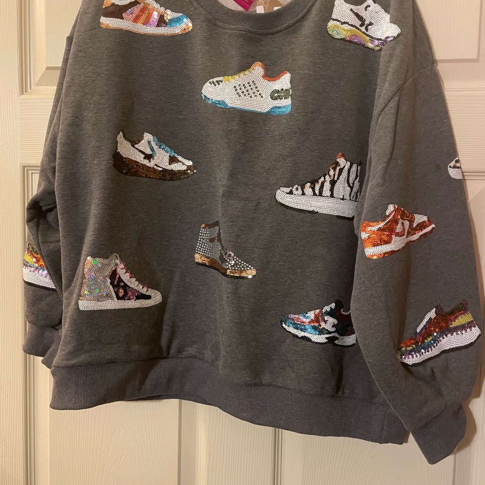 QUEEN OF SPARKLES Gray Sweatshirt with Sequin Sneaker Designs NWT XS
